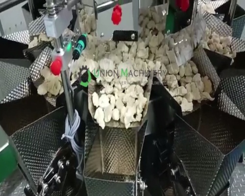 Fried chicken nuggets automatic weighing and packaging line